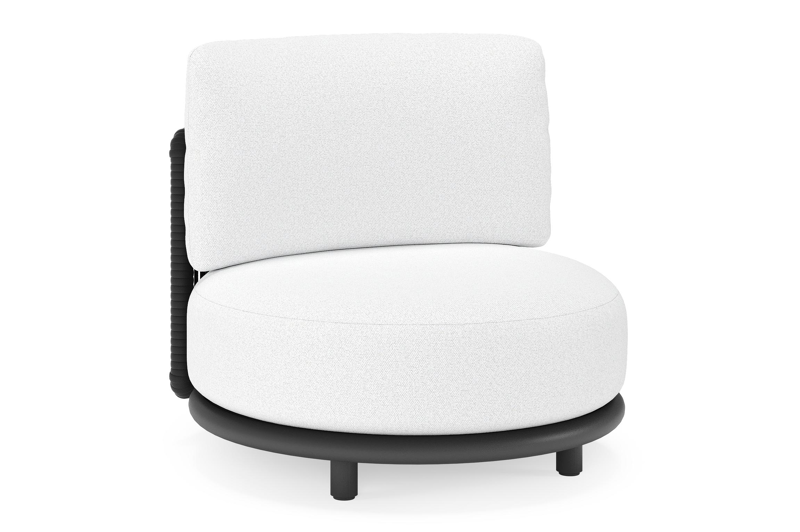 Fauteuil de jardin Lomano en aluminium noir et corde luxe plate tissée verticalement beige et coussins en all weather solica ego birch