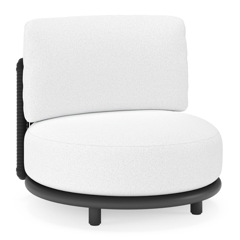 Fauteuil de jardin Lomano en aluminium noir et corde luxe plate tissée verticalement beige et coussins en all weather solica ego birch