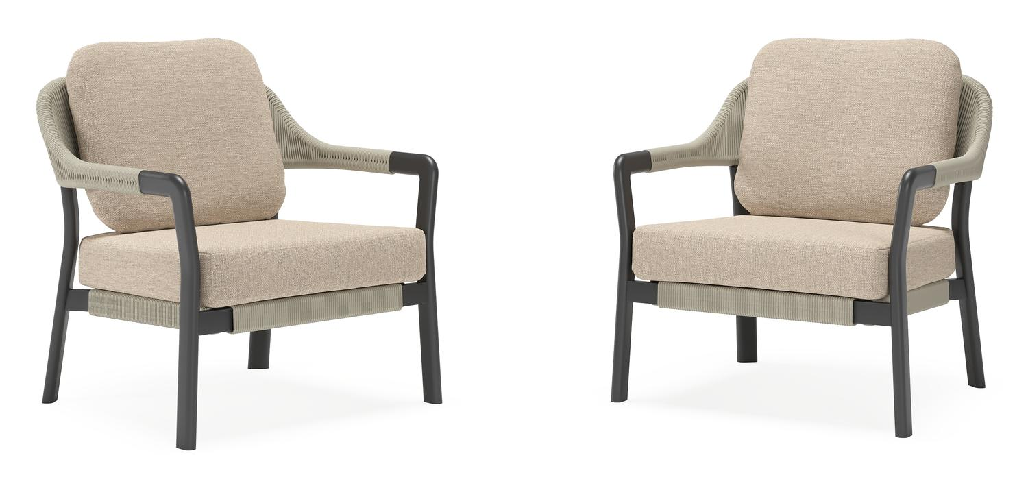 Set van 2 Tamariu loungestoelen in zwart aluminium en beige verticaal geweven ronde rope met Rustic Weather+ Softtouch kussen