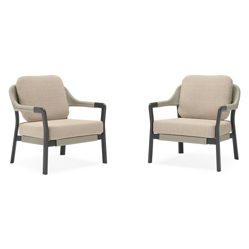 Set van 2 Tamariu loungestoelen in zwart aluminium en beige verticaal geweven ronde rope met Rustic Weather+ Softtouch kussen