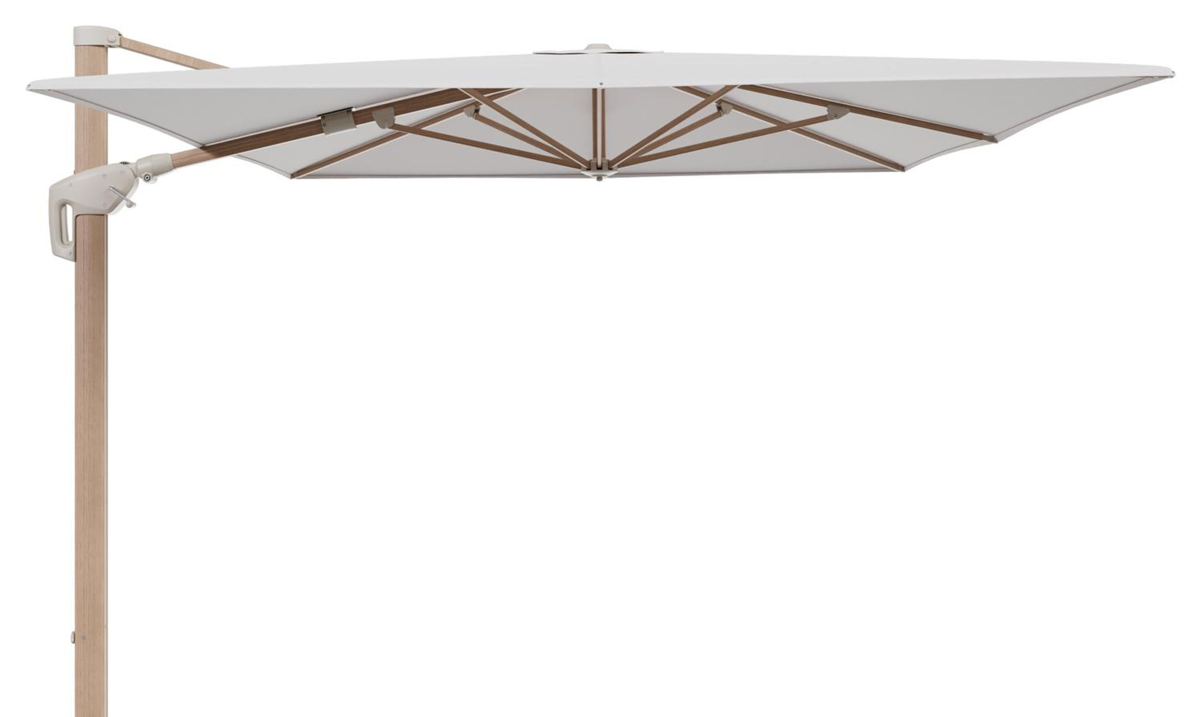 Minore zweefparasol met tiltfunctie in houtlook aluminium en Ego Eggshell All Weather Solica parasoldoek - L1 400 x L2 300 cm (zonder voet)