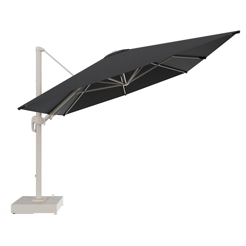 Rufina zweefparasol met tiltfunctie in beige aluminium en Chartres Sooty All Weather Sunbrella® Luxe parasoldoek - L1 400 x L2 300 cm met parasolvoet Minore 150 kg met wielen