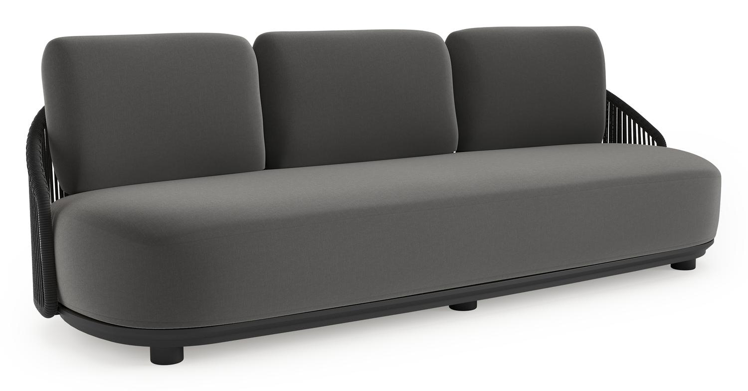 Canapé de jardin Vadelo en aluminium noir et corde ronde tissée verticalement noir et coussins en all weather sunbrella® luxe natte charcoal chine