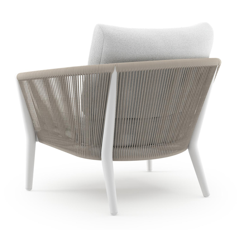 Fauteuil de jardin Orso en aluminium blanc en corde ronde tissée verticalement beige et coussins en all weather solica Ego Birch