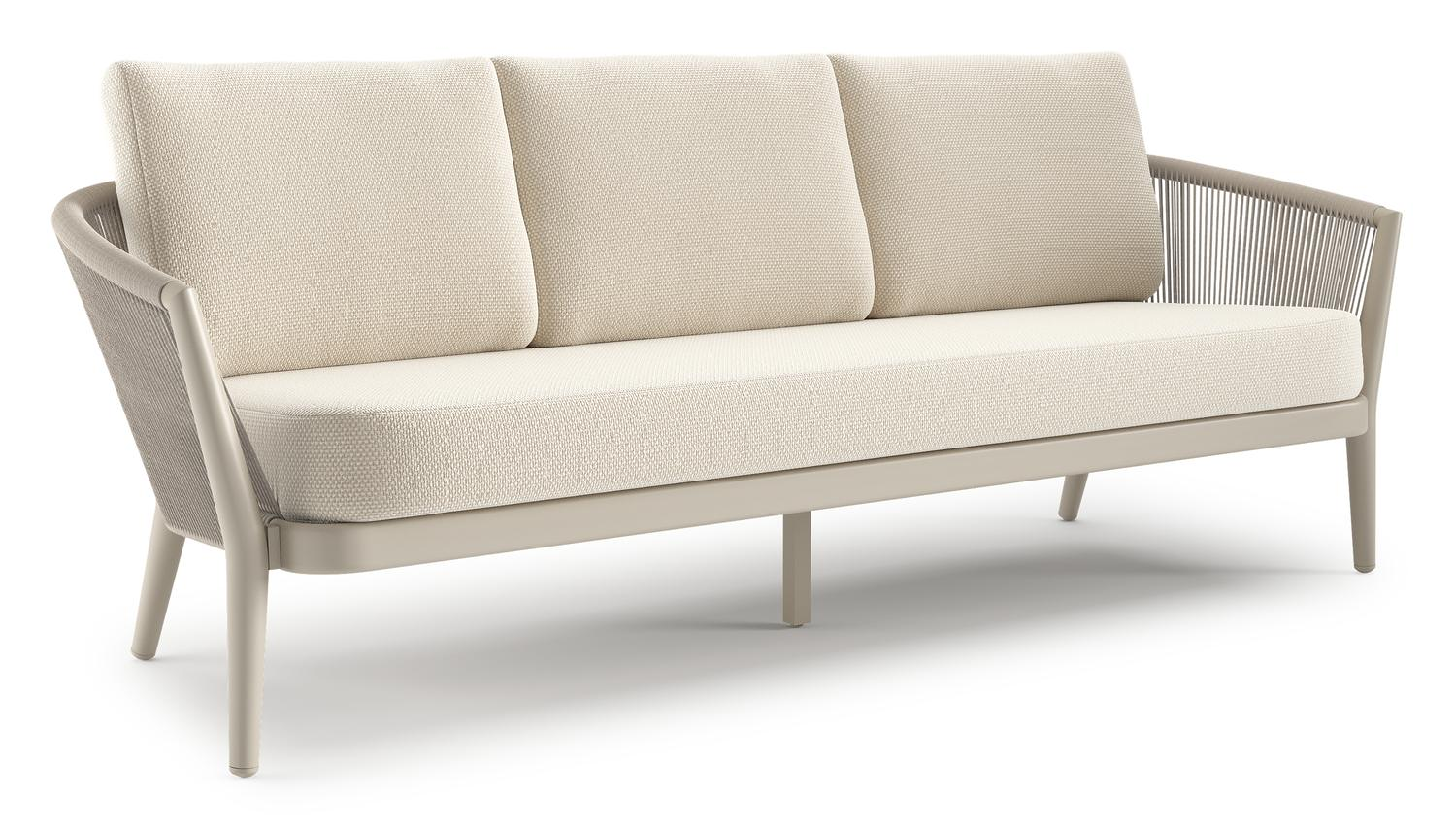 Orso loungebank in beige aluminium en beige verticaal geweven ronde rope met Althea Off White all weather cosytica kussen