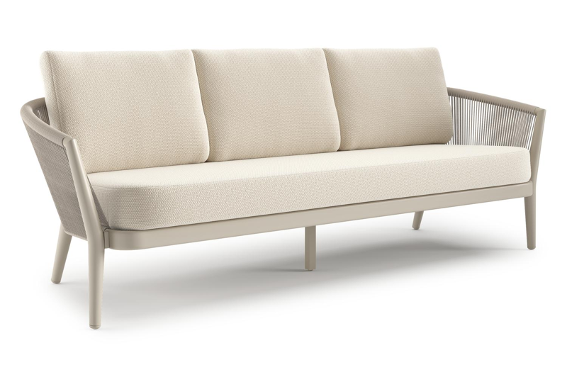 Orso loungebank in beige aluminium en beige verticaal geweven ronde rope met Althea Off White all weather cosytica kussen