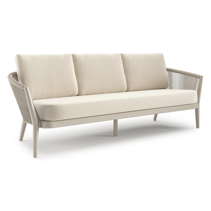 Orso loungebank in beige aluminium en beige verticaal geweven ronde rope met Althea Off White all weather cosytica kussen