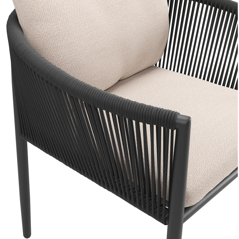 Organo tuinstoel in beige aluminium en beige verticaal geweven ronde rope met stoelkussen in All Weather Sunbrella® Luxe Wander Pilat