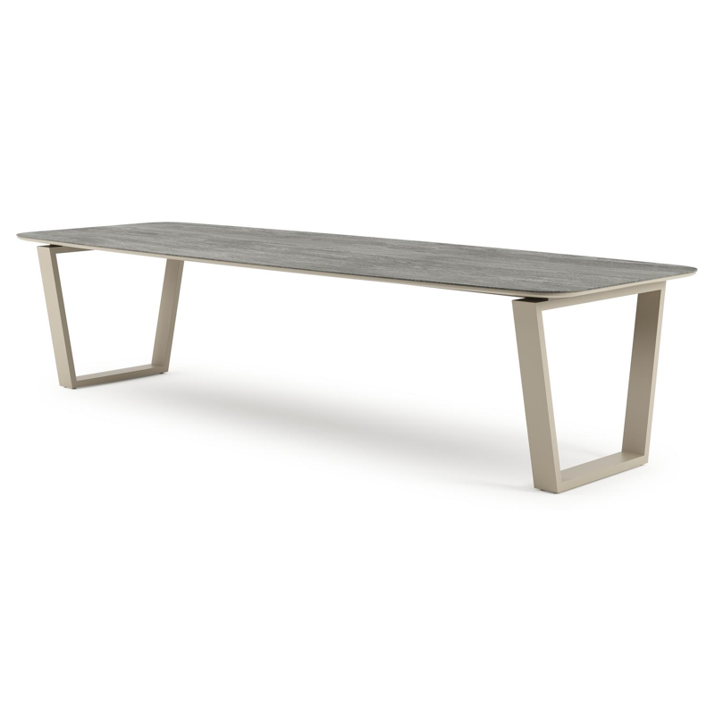 Table de jardin Pagino forme de bateau en aluminium beige et céramique pleine Aspen Grey - Lg. 315 x Lrg. 115 x Haut. 73 cm