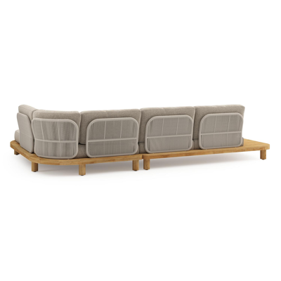 Donato loungehoek in teak en beige verticaal geweven ronde rope met all weather sunbrella® luxe Chartres Pewter kussen