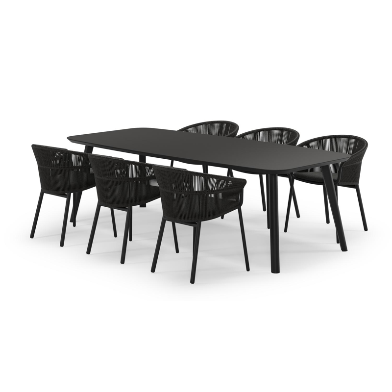 Mosa bootvormige tuinset in zwart aluminium en sintered stone notte minerale met 6 Matera tuinstoelen