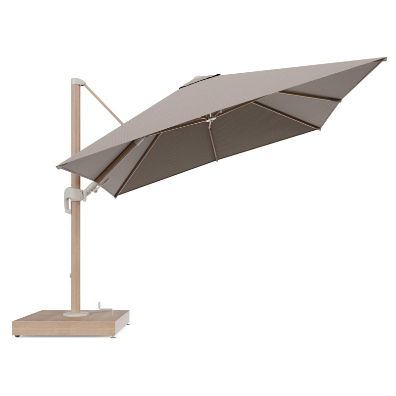 Rufina zweefparasol met tiltfunctie in houtlook aluminium en Firenze Earth All Weather Solica parasoldoek - L1 300 x L2 300 cm met parasolvoet Minore 260 kg met wielen