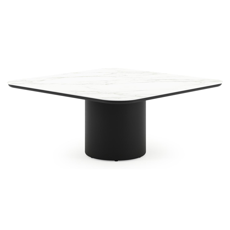 Amico low dining tuintafel afgerond vierkant in zwart aluminium en volkeramiek Calacatta - L 148 x B 148 x H 61 cm