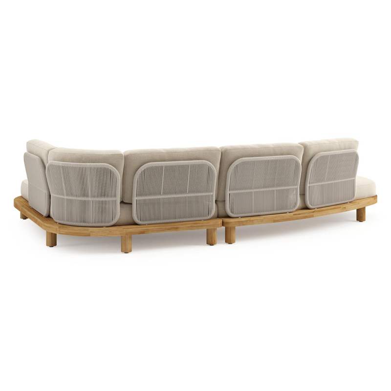 Donato loungehoek in teak en beige verticaal geweven ronde rope met all weather cosytica Althea Chalk kussen
