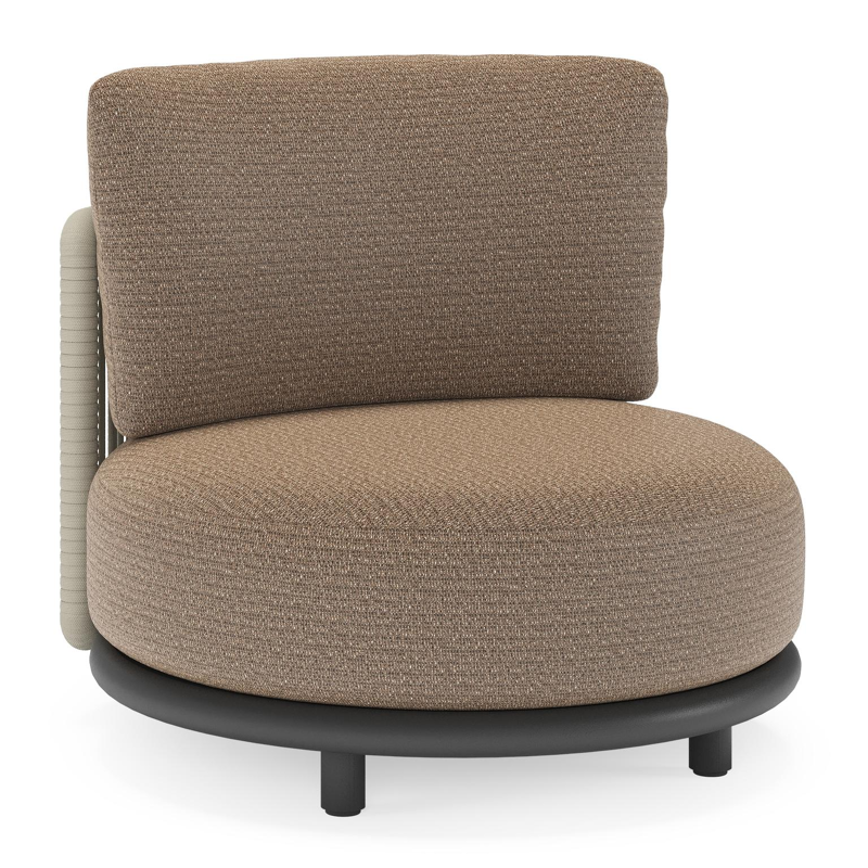 Fauteuil de jardin Lomano en aluminium noir et corde luxe plate tissée verticalement beige et coussins en all weather solica Firenze Bamboe