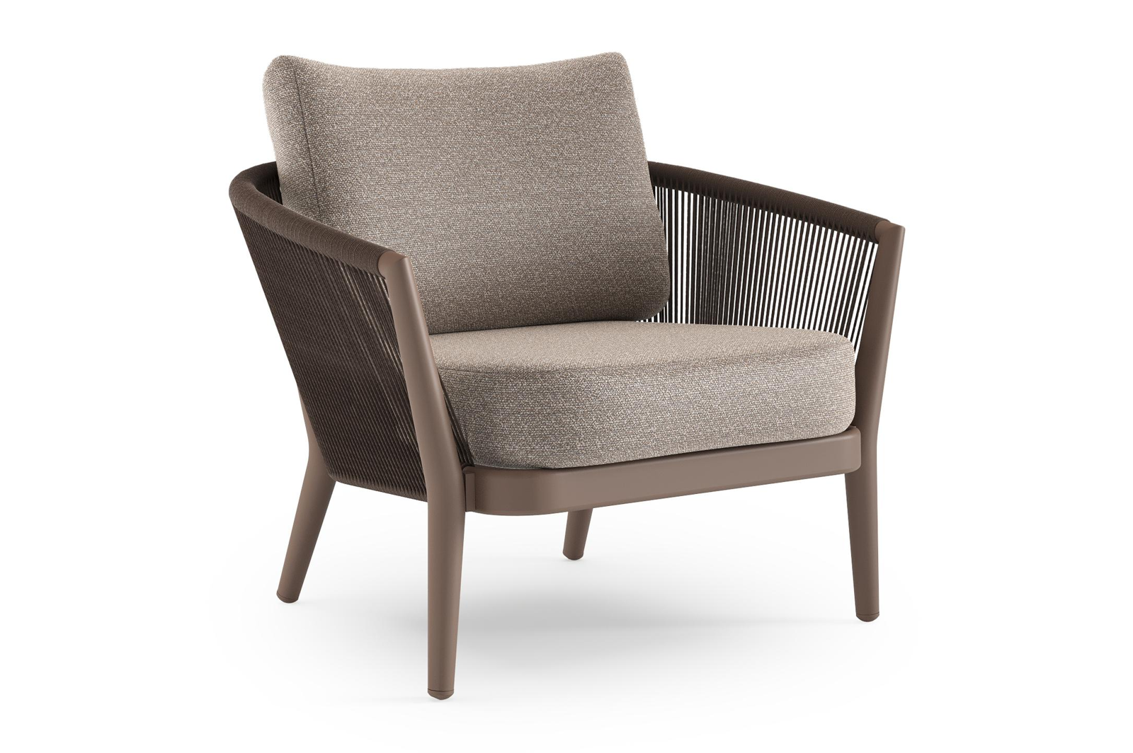 Fauteuil de jardin Orso en aluminium taupe en corde ronde tissée verticalement noir et coussins en all weather sunbrella® luxe Wander Manioc
