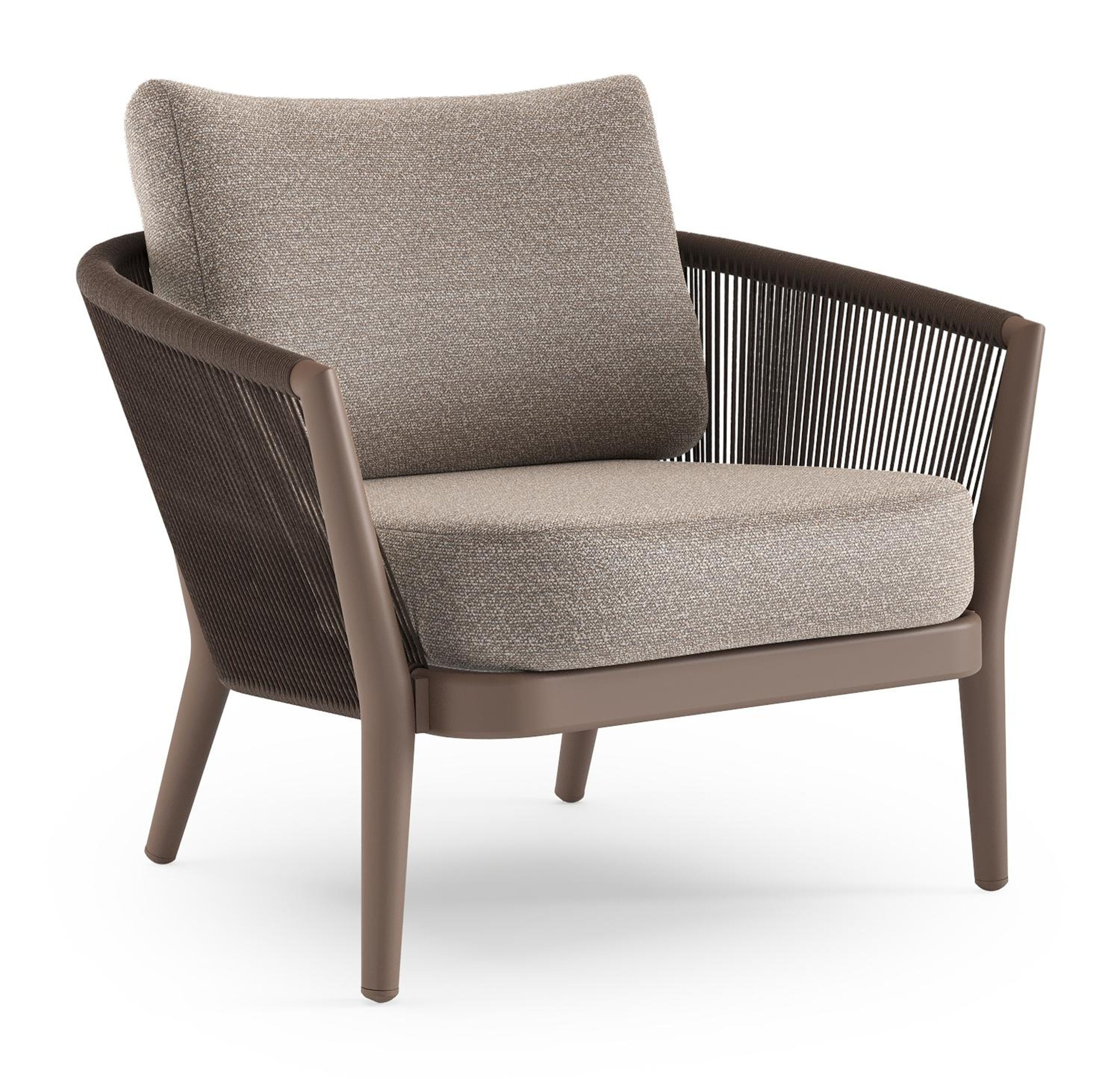 Fauteuil de jardin Orso en aluminium taupe en corde ronde tissée verticalement noir et coussins en all weather sunbrella® luxe Wander Manioc