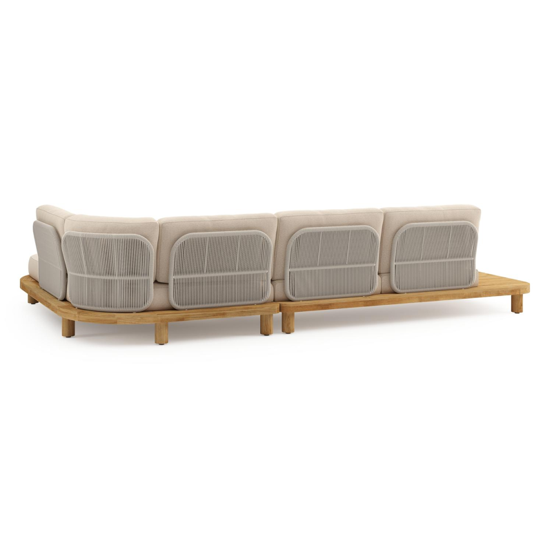 Donato loungehoek in teak en beige verticaal geweven ronde rope met all weather sunbrella® luxe Heritage Papyrus kussen