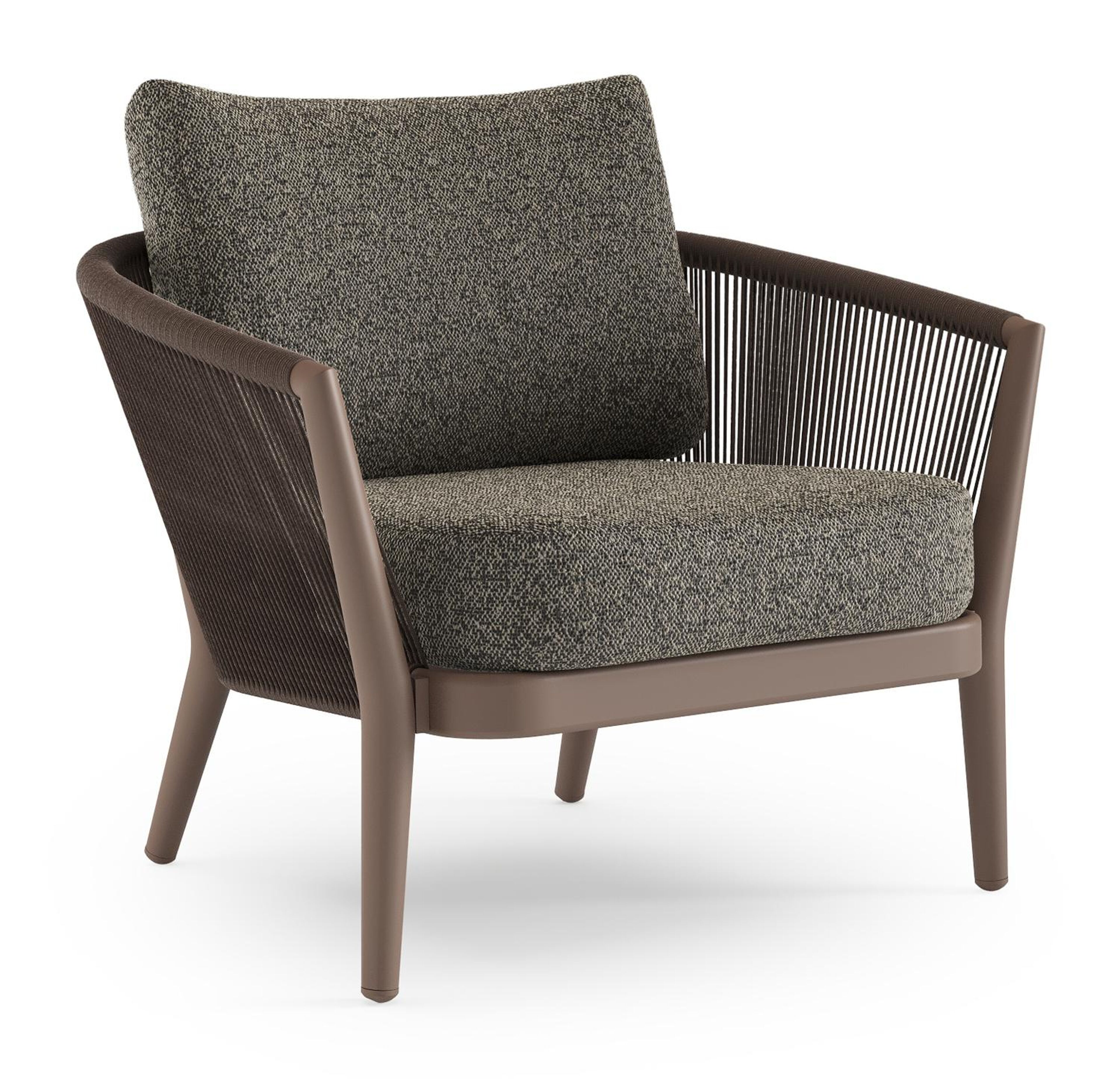 Fauteuil de jardin Orso en aluminium taupe en corde ronde tissée verticalement noir et coussins en all weather cosytica Marbella Tunder