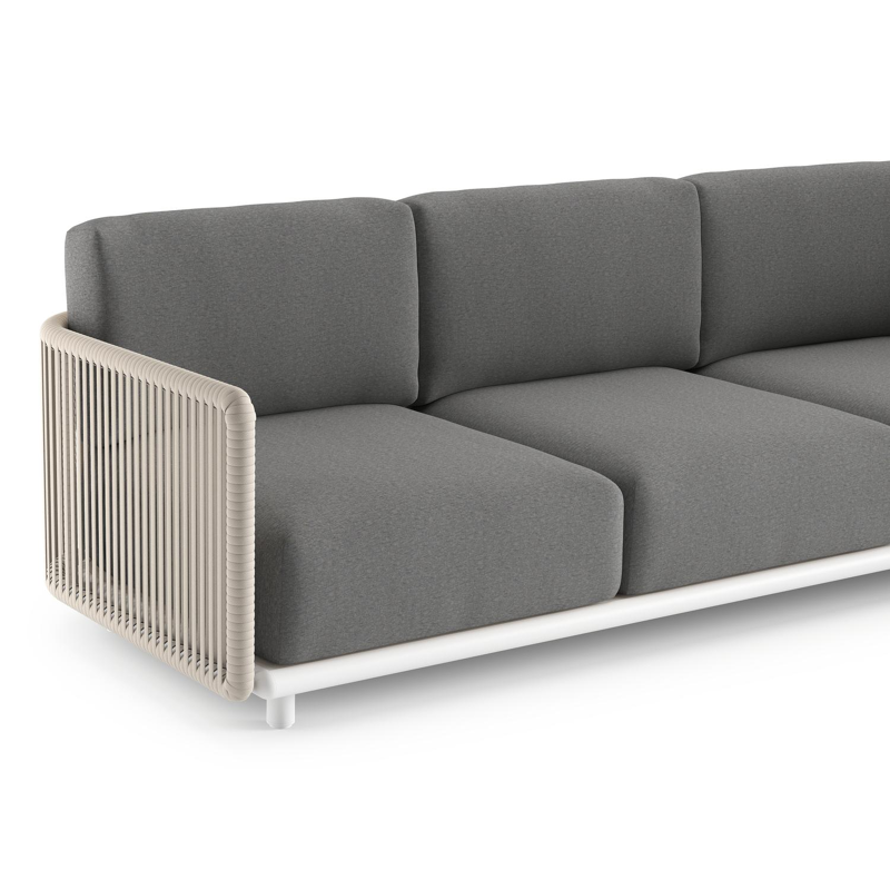 Organo loungehoek in wit aluminium en beige verticaal geweven luxe vlakke rope met heritage slate all weather Sunbrella® luxe kussen