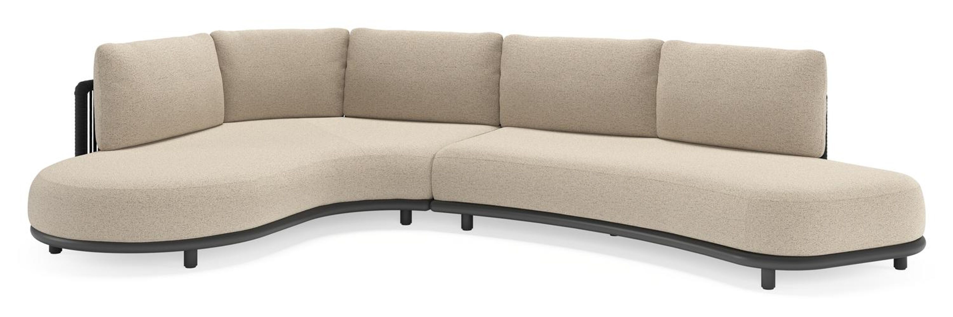 Lomano loungehoek in zwart aluminium en zwart verticaal geweven luxe vlakke rope met marbella zwart all weather cosytica kussen