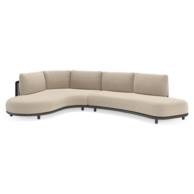 Lomano loungehoek in zwart aluminium en zwart verticaal geweven luxe vlakke rope met marbella zwart all weather cosytica kussen