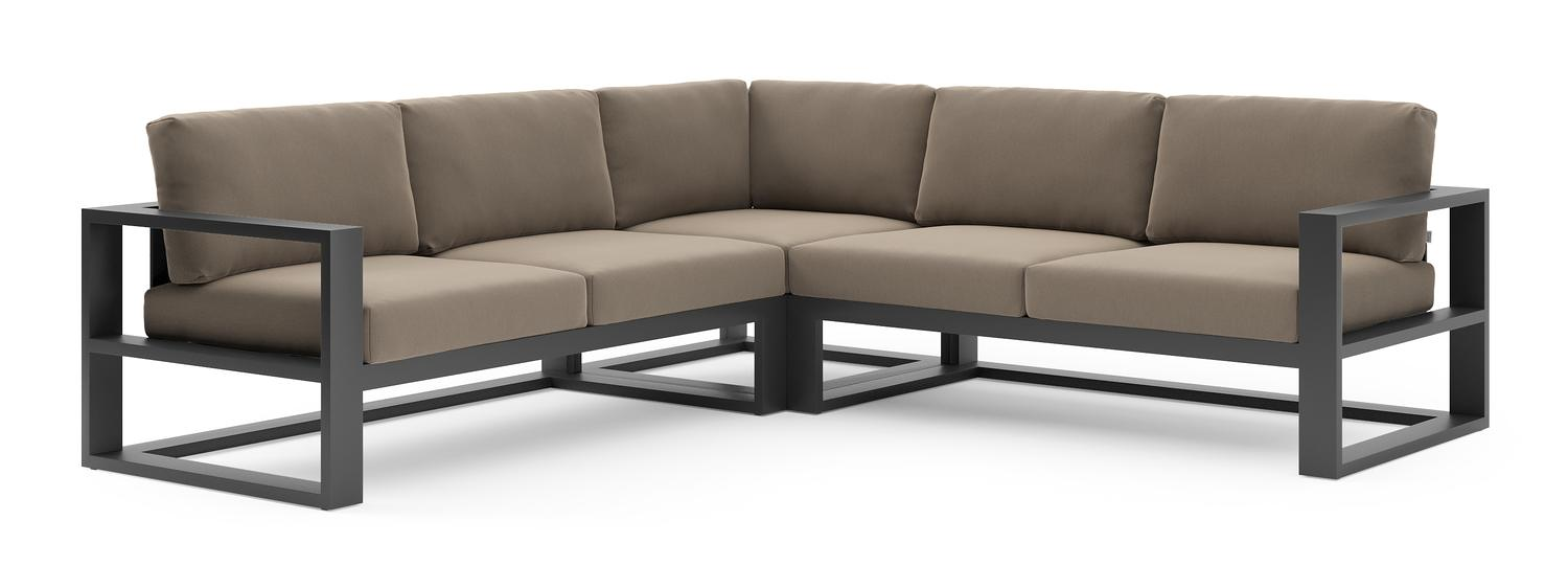 Verato loungehoek in zwart aluminium met natte heather grey all weather sunbrella® luxe kussen