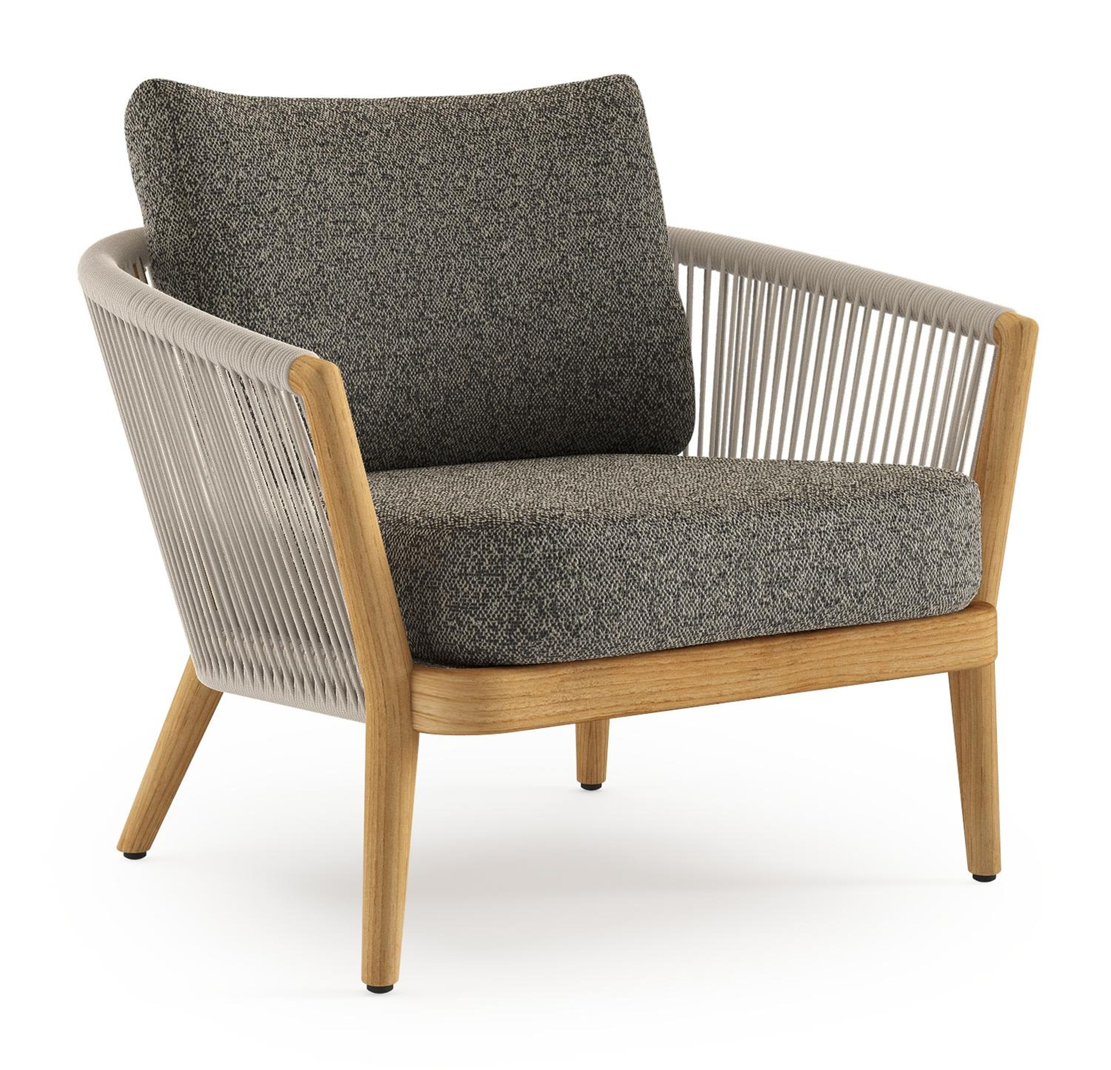 Orso loungestoel in teak en beige verticaal geweven ronde rope met Marbella Tunder all weather cosytica kussen