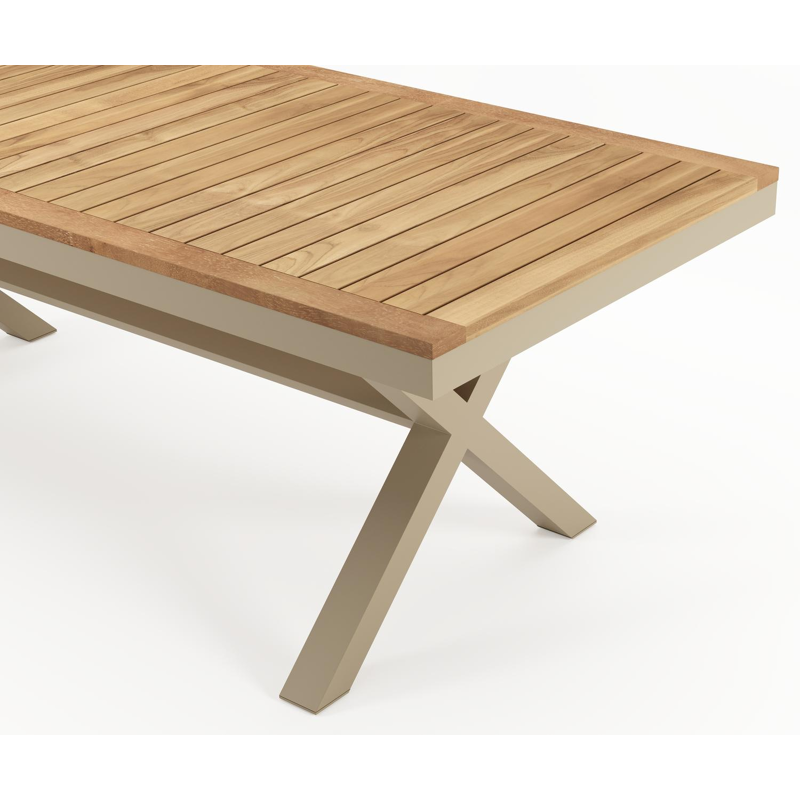 Table de jardin Reza rectangulaire en aluminium beige et teck Naturel - Lg. 220 x Lrg. 92 x Haut. 74 cm