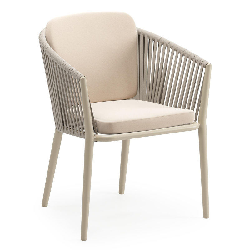 Chaise de jardin Orso en aluminium beige et corde plate tissée verticalement beige avec coussin en All Weather Sunbrella® Luxe Natte Linen Chalk
