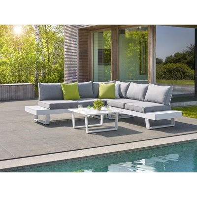 Alora loungehoek in wit aluminium met grijs polyester kussens en loungetafel
