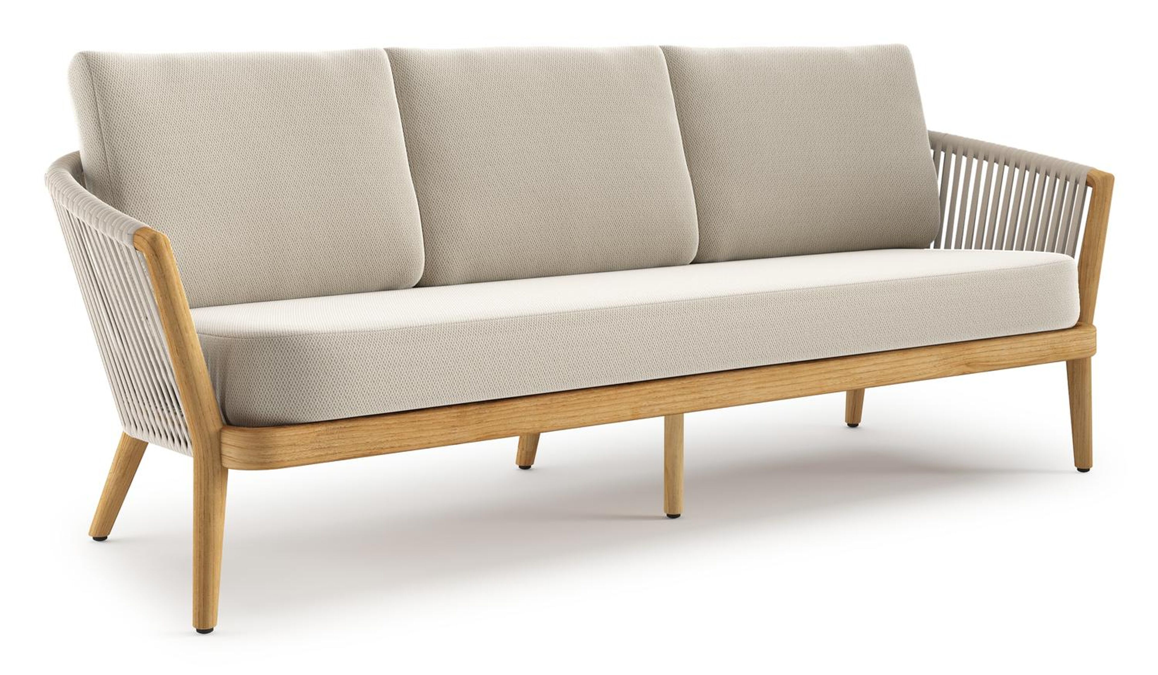 Orso loungebank in teak en beige verticaal geweven luxe vlakke rope met Lopi Marble all weather sunbrella® luxe kussen