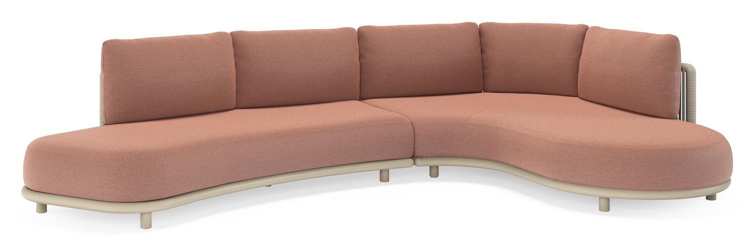 Lomano loungehoek in beige aluminium en beige verticaal geweven luxe vlakke rope met Savane Rust all weather sunbrella® luxe