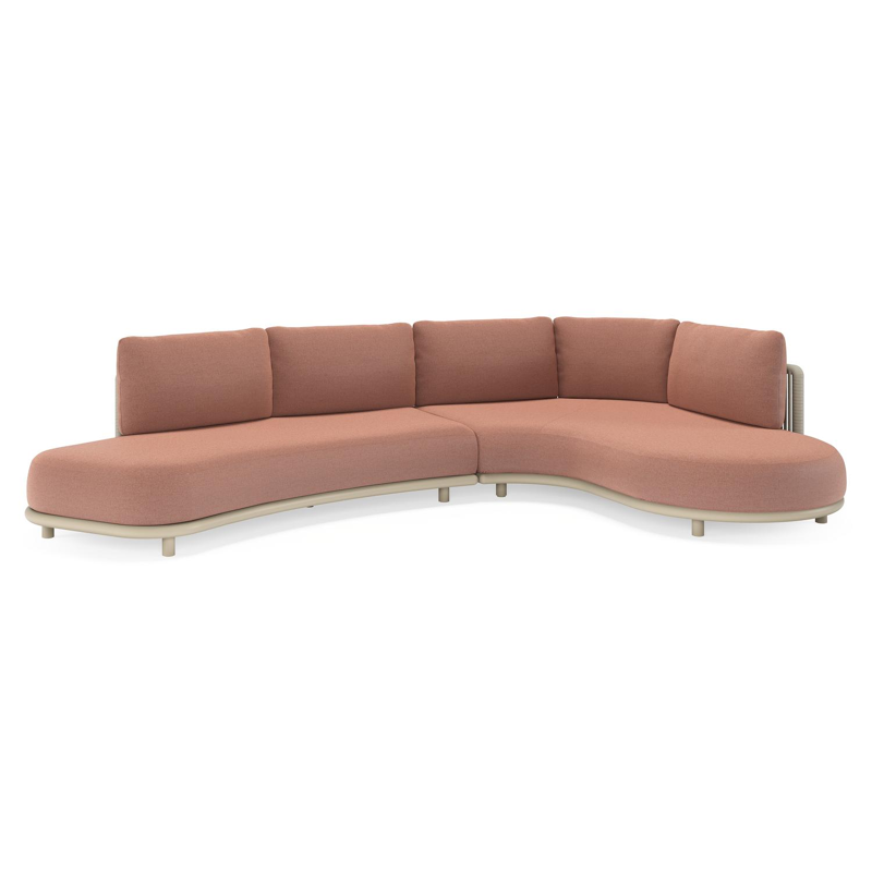 Lomano loungehoek in beige aluminium en beige verticaal geweven luxe vlakke rope met Savane Rust all weather sunbrella® luxe