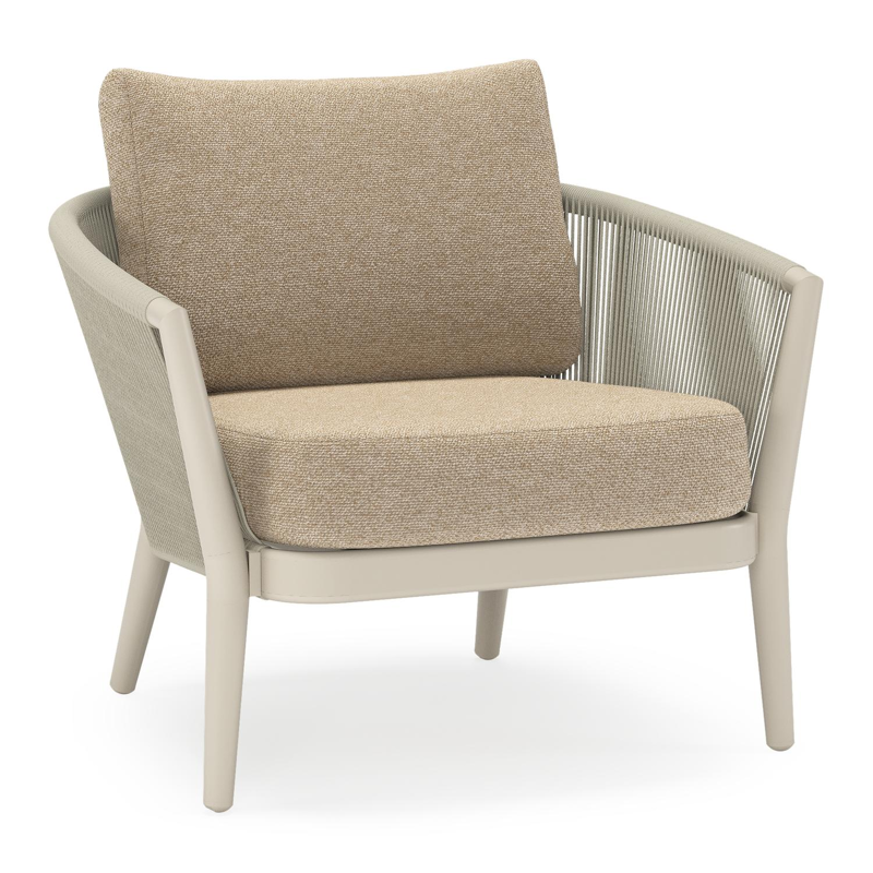 Orso loungestoel in beige aluminium en beige verticaal geweven ronde rope met Madagascar Oak all weather cosytica kussen