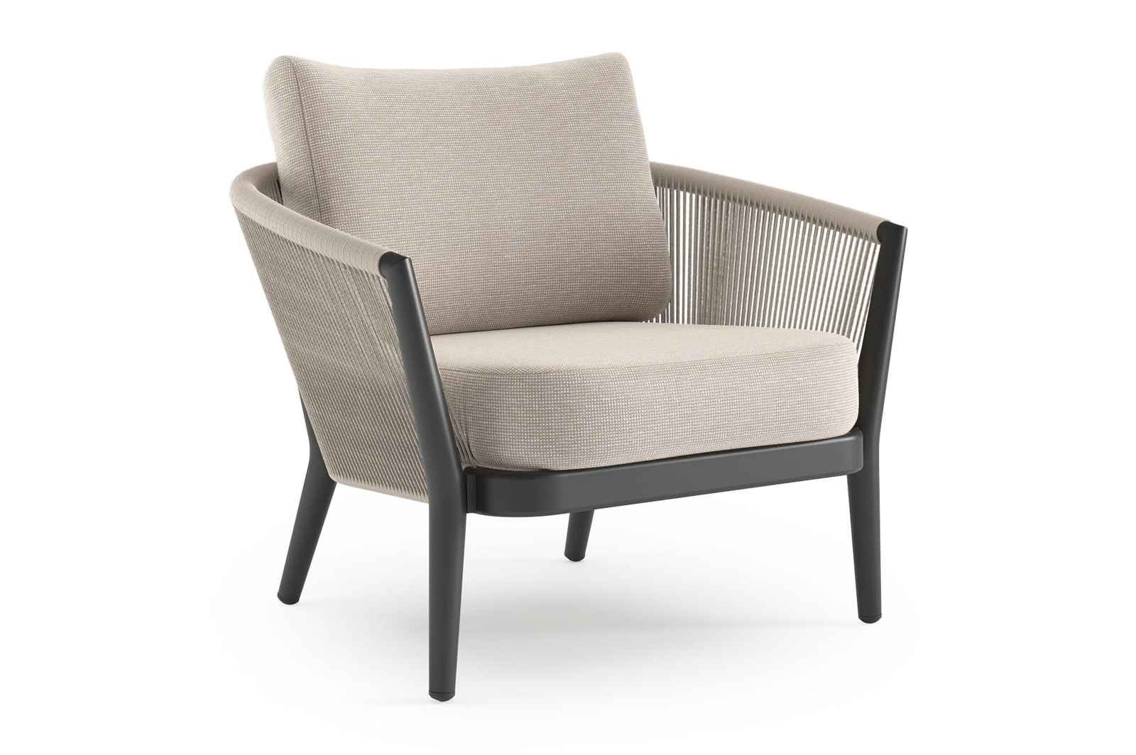 Orso loungestoel in zwart aluminium en beige verticaal geweven ronde rope met Slow Farafra all weather sunbrella® luxe kussen