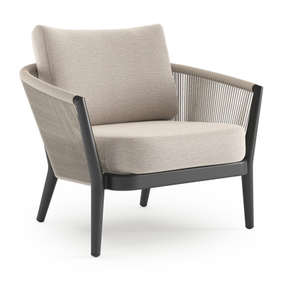 Orso loungestoel in zwart aluminium en beige verticaal geweven ronde rope met Slow Farafra all weather sunbrella® luxe kussen