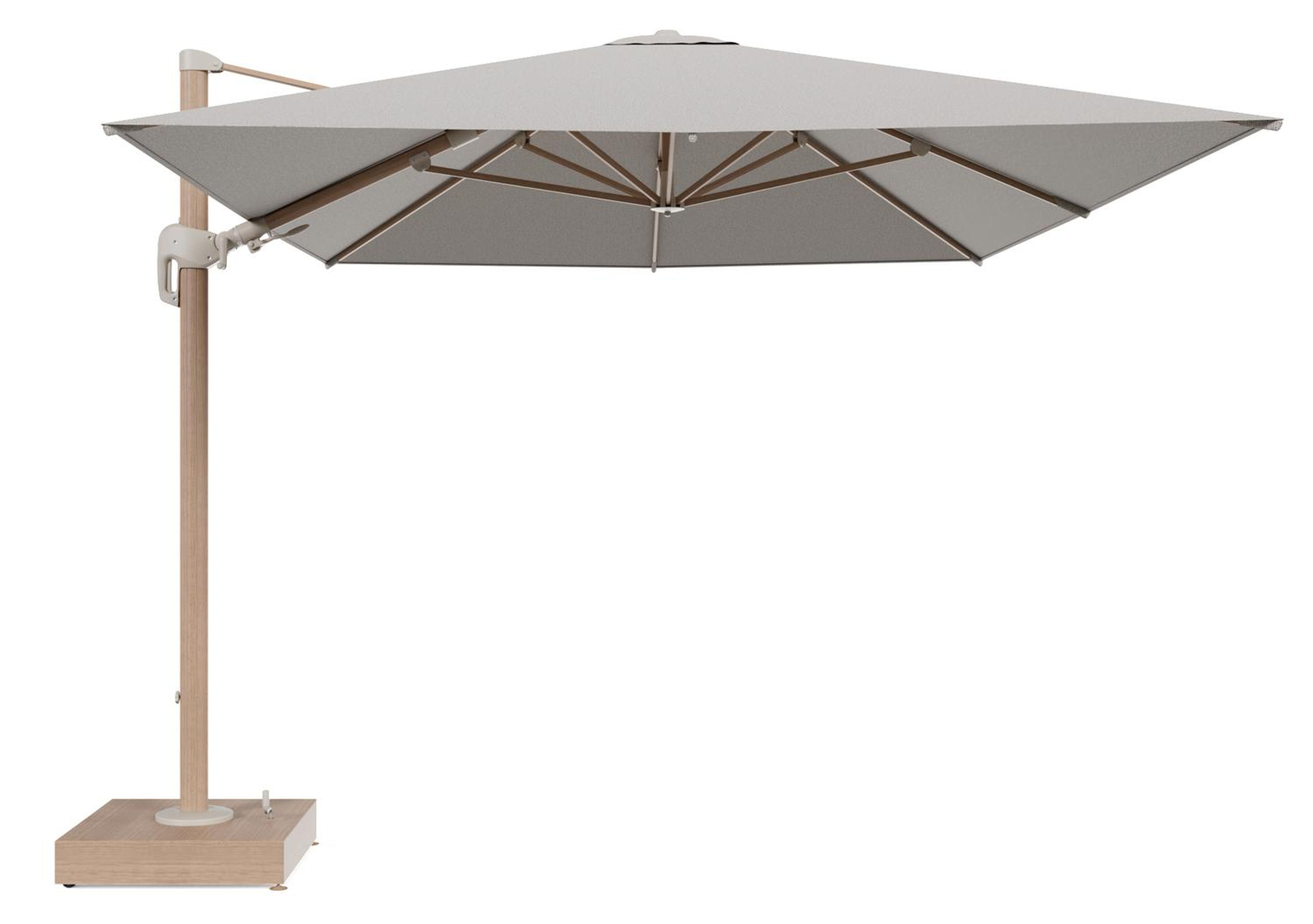 Rufina zweefparasol met tiltfunctie in houtlook aluminium en Firenze Sand All Weather Solica parasoldoek - L1 400 x L2 300 cm met parasolvoet Minore 150 kg met wielen