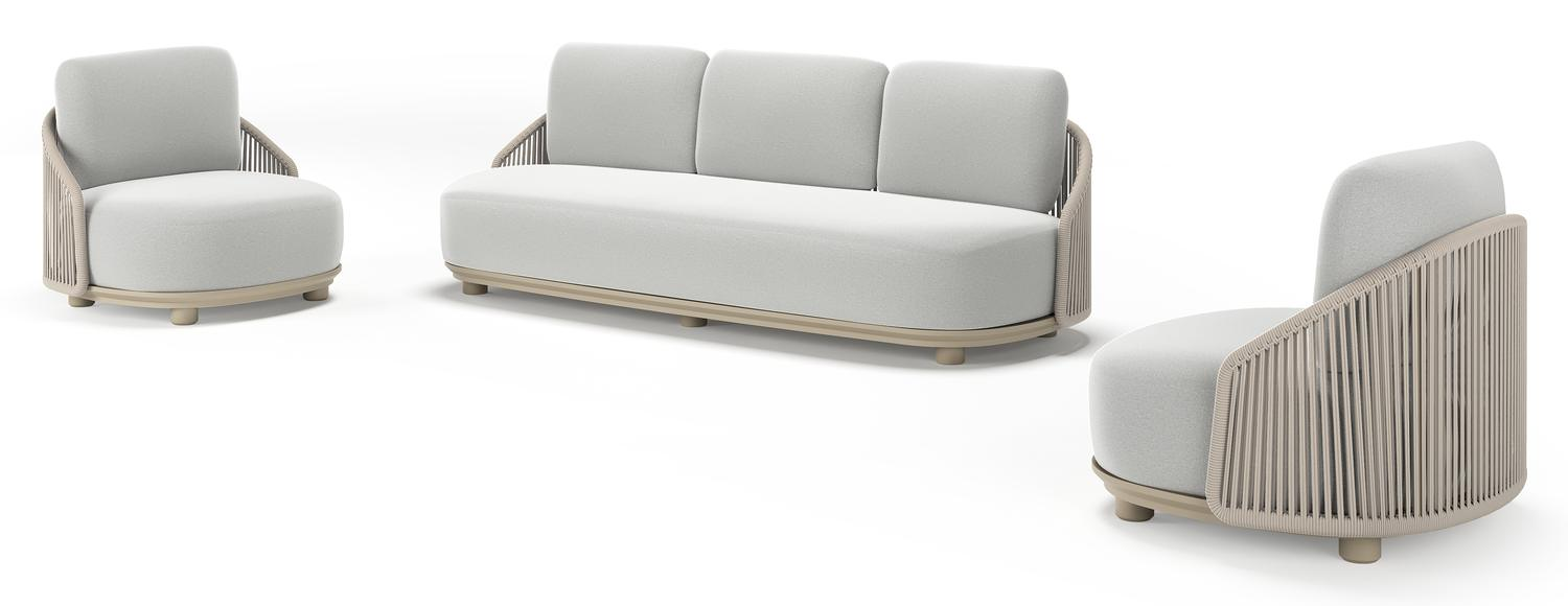 Vadelo loungeset in beige aluminium en beige verticaal geweven ronde rope met natte grey chine all weather sunbrella® luxe kussen