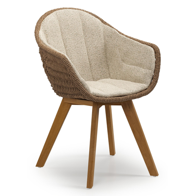 Chaise de jardin Pagino en teck naturel et résine tressée ronde brun avec coussin en All Weather Cosytica Bora Forest