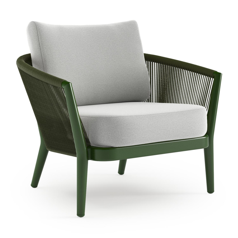 Orso loungestoel in groen aluminium en groen verticaal geweven ronde rope met Natte Grey Chine all weather sunbrella® luxe kussen