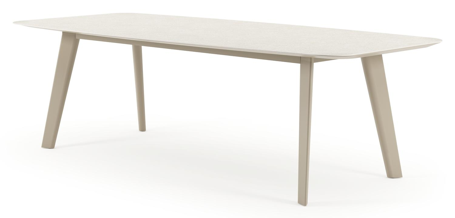 Table de jardin Lacirma forme de bateau en aluminium beige et céramique pleine Shilin Lg. 255 x Lrg. 115 x Haut. 74 cm