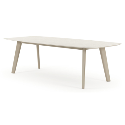Table de jardin Lacirma forme de bateau en aluminium beige et céramique pleine Shilin Lg. 255 x Lrg. 115 x Haut. 74 cm