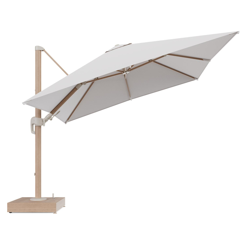 Rufina zweefparasol met tiltfunctie in houtlook aluminium en Ego Eggshell All Weather Solica parasoldoek - L1 300 x L2 300 cm met parasolvoet Minore 150 kg met wielen