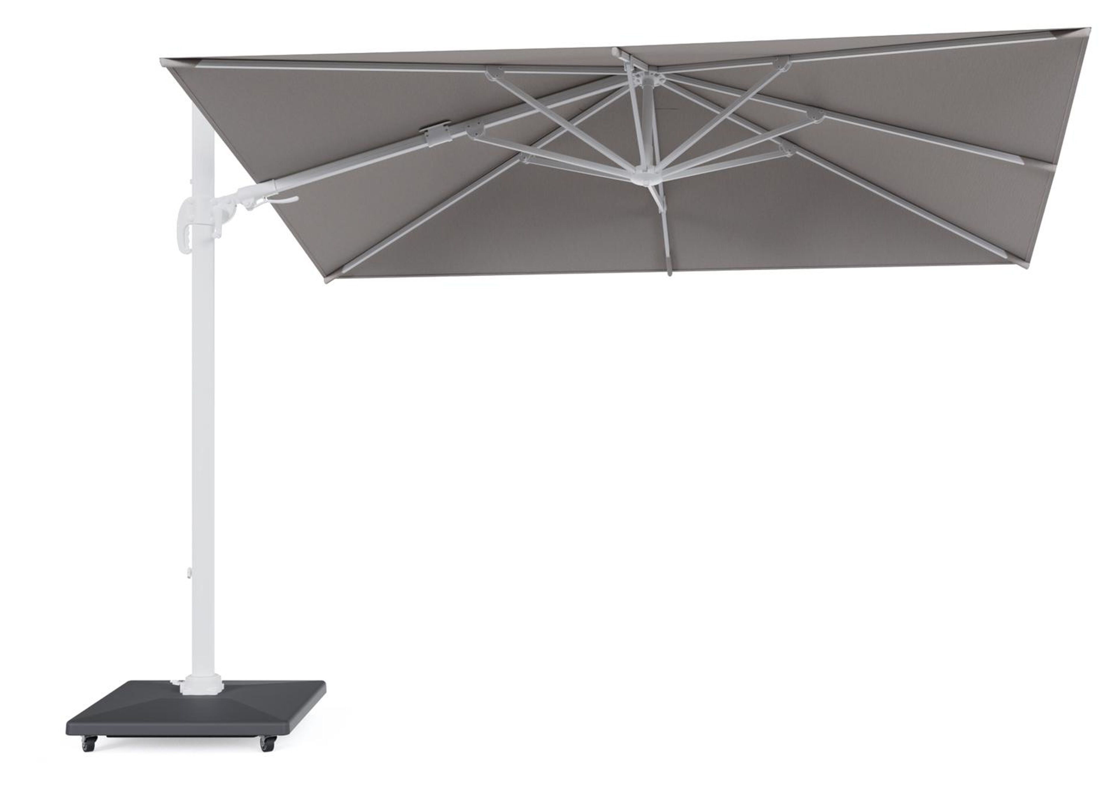 Parasol pendant Avola avec fonction tilt en aluminium blanc et toile de parasol Sunbrella® Premium Natte Graumel Chalk - Lg.1 200 x Lg.2 300 cm avec pied de parasol Avola 90 kg