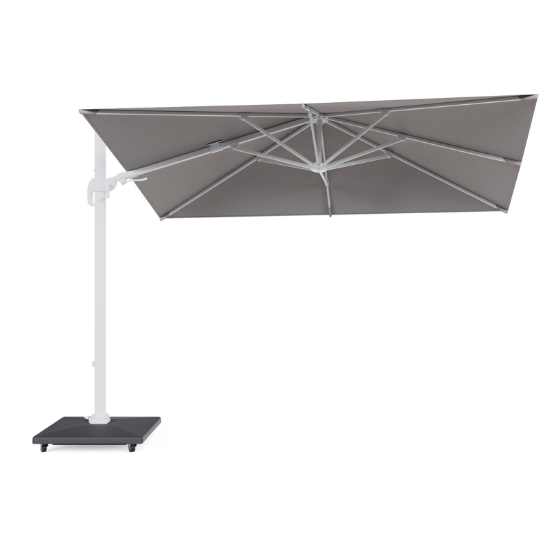 Parasol pendant Avola avec fonction tilt en aluminium blanc et toile de parasol Sunbrella® Premium Natte Graumel Chalk - Lg.1 200 x Lg.2 300 cm avec pied de parasol Avola 90 kg