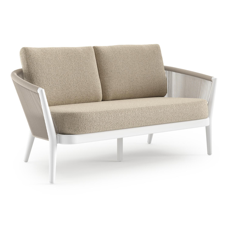 Canapé de jardin Orso en aluminium blanc en corde ronde tissée verticalement beige et coussins en all weather cosytica Bora Forest