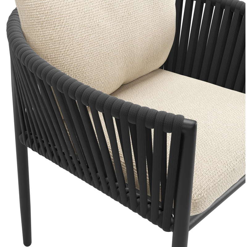 Organo tuinstoel in zwart aluminium en zwart verticaal geweven luxe vlakke rope met zitkussen in All Weather Cosytica Althea Chalk