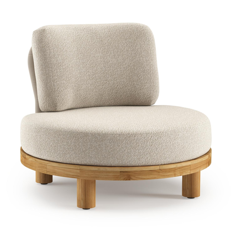 Donato loungestoel in teak en beige verticaal geweven ronde rope met marbella ecru all weather cosytica kussen