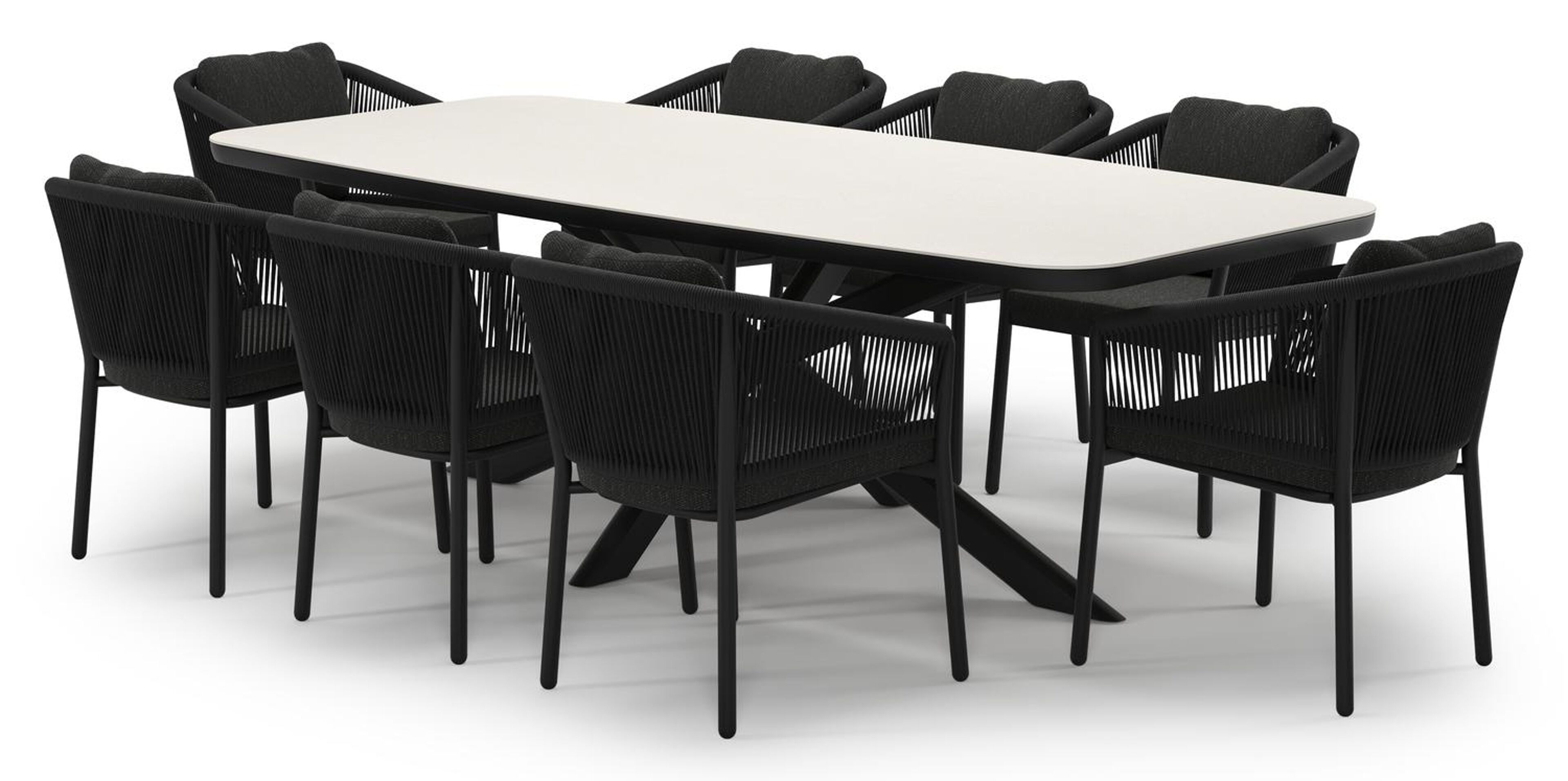 Pamplona tuinset in zwart aluminium en crema minerale sintered stone met 8 Gerona tuinstoelen